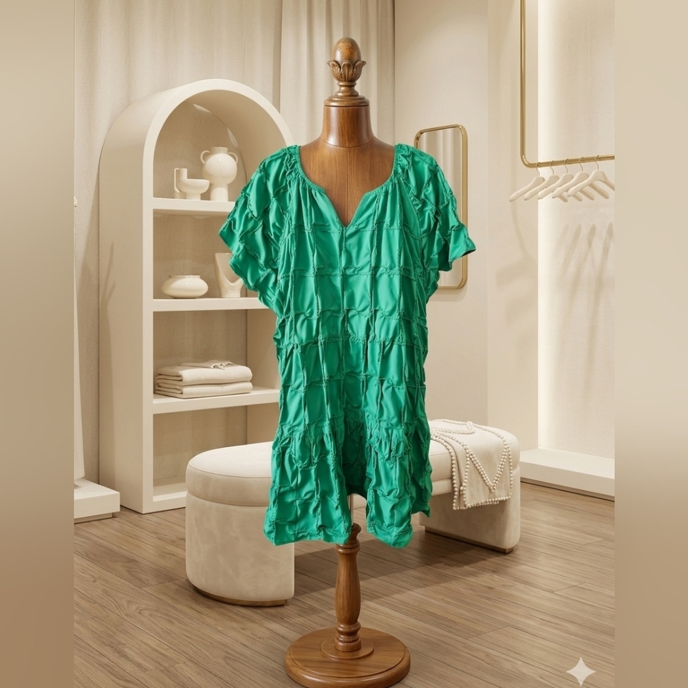 Cloth & Portrait Emerald Green Textured V-Neck Mini Dress XXL
